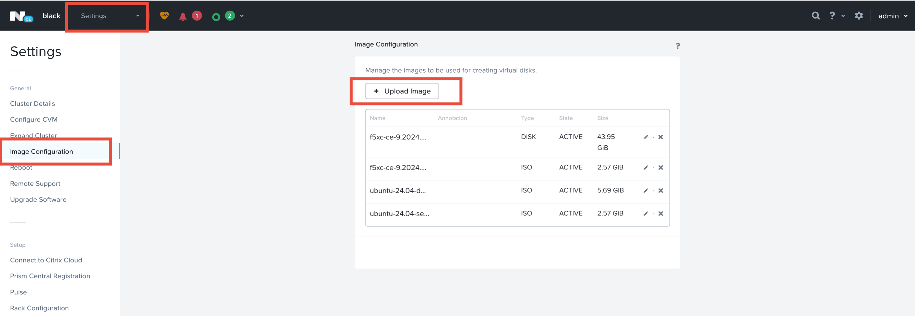 Figure: Nutanix PRISM Image Configuration