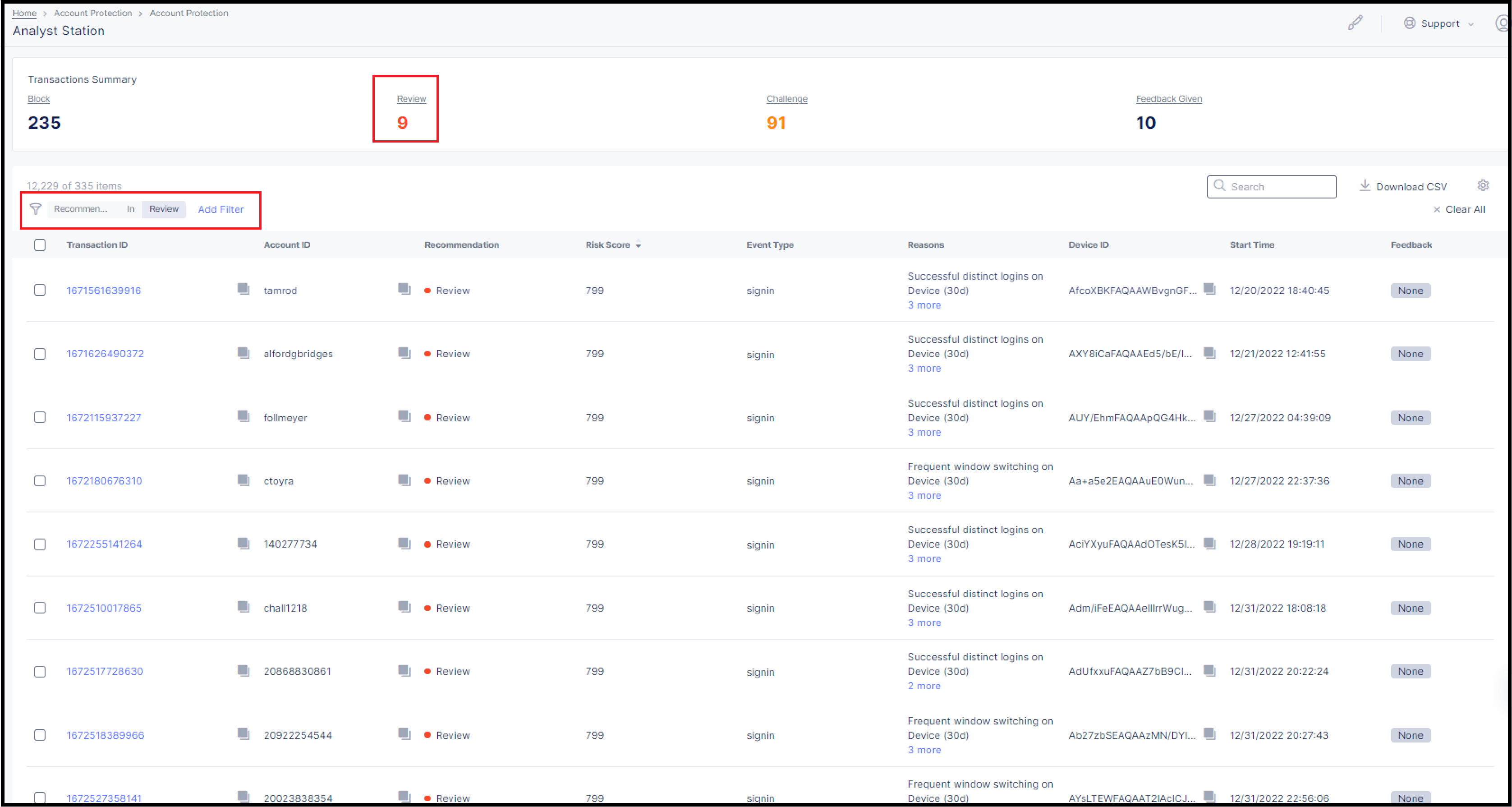 Figure: Filtering from Transactions Summary