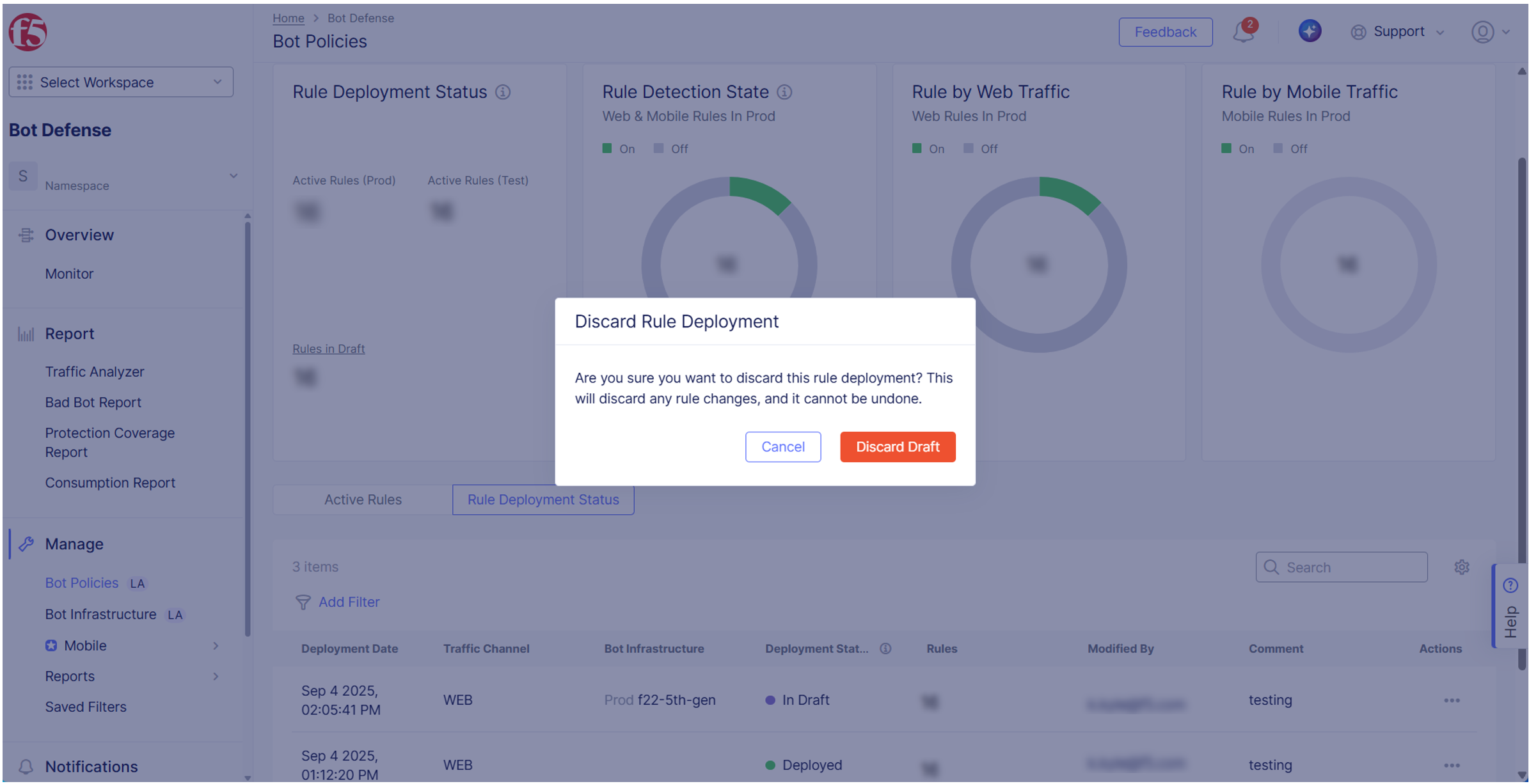 Figure: Discard a Bot Detection Rule Deployment
